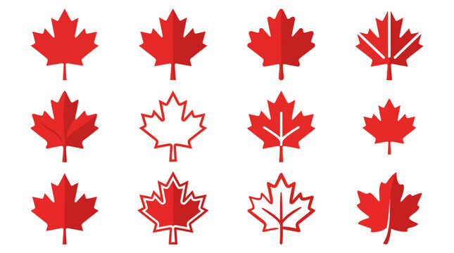 Maple Leaf Icon Set, Red Canada National Flag Signs, Canadian Emblem Vector Illustrations in Flat, Half-Shadow, Outline, and Geometric Styles for Autumn and Patriotism Concepts