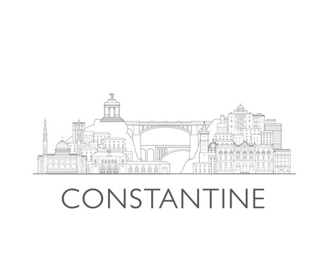 Constantine skyline, Algeria. Urban cityscape with landmarks and monuments. Hand drawn line art digital skyline illustration.