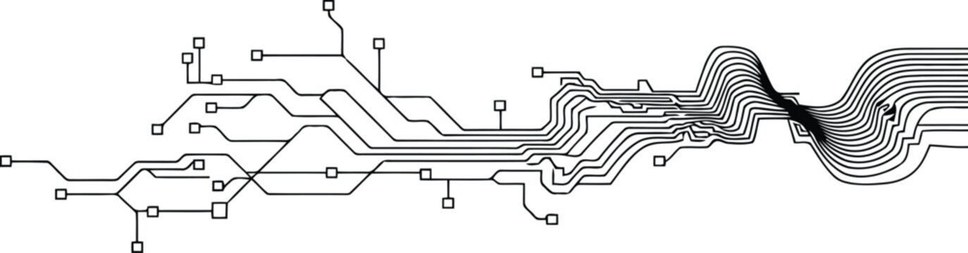 Black and white electronic circuit board lines with square nodes and wavy patterns on a clean white background texture