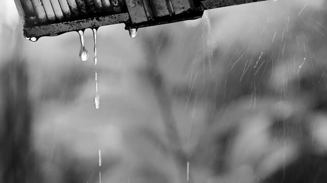 Raindrops falling from a gutter in black and white. The image captures the gentle patter of rain, creating a mood of introspection and calm