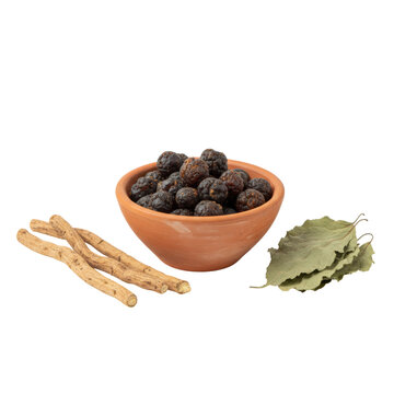 Dark guggul resin in a rustic terracotta bowl beside ashwagandha roots and dried brahmi leaves on a minimalist white background, ayurvedic wellness atmosphere