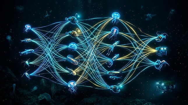 Deep sea bioluminescence network marine life connections and underwater ecosystem visualization