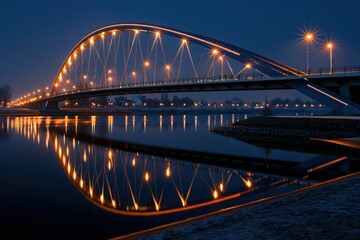 Naklejka premium Bridge illuminated at night over river reflection long exposu