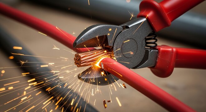 Wire cutters snipping through red electric cable, creating a spark show of electrical energy