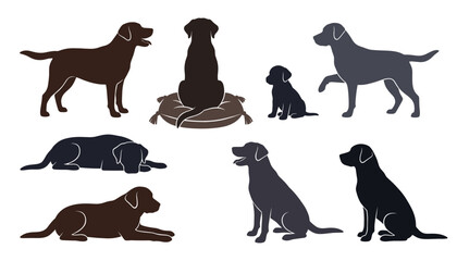 Labrador Retriever silhouettes vector set. Black and brown contours of dogs sitting on cushion, lying down, puppy character, standing poses. © Mahamuda Studio 