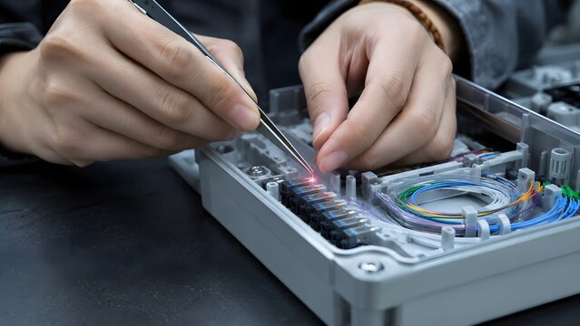 Technician hands using tweezers to splice optic fiber cables inside electronic distribution box