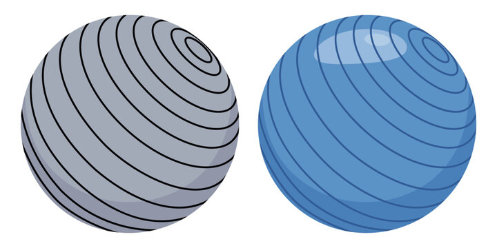 Stability ball set vector illustration, fitness and yoga exercise equipment with striped surface design isolated on transparent background