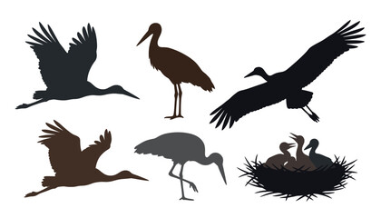 Fototapeta premium Stork bird silhouettes vector set. Black and brown contours of flying herons, standing egrets, chicks in nest.