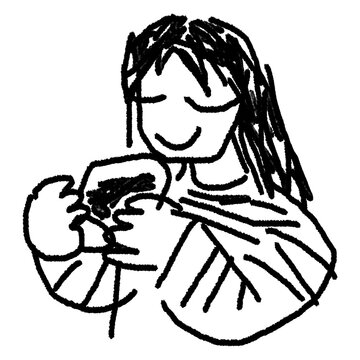 Hand Drawn Woman Smelling Coffee Doodle Illustration, woman enjoying the aroma of a cup of coffee. Featuring a simple sketchy style with bold outlines and a handmade appearance, suitable for cafe
