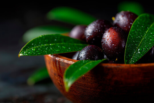 Fresh Jamun Fruit in a Wooden Bowl with Green Leaves and Water Droplets