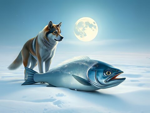 A wolf standing beside a large fish on snowy ground under a full moon.