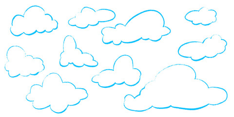 Fototapeta premium Set of chalk blue pencil clouds. Children's sky with chalk, pastel children's sketch. Grunge texture. Freehand vector illustration isolated on transparent background.