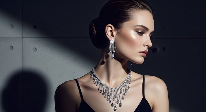 a beautyful woman waering a neckles and ear rings