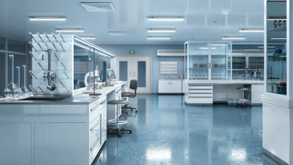 Modern laboratory workspace with microscope and chemical glassware and blurred background. 3d...