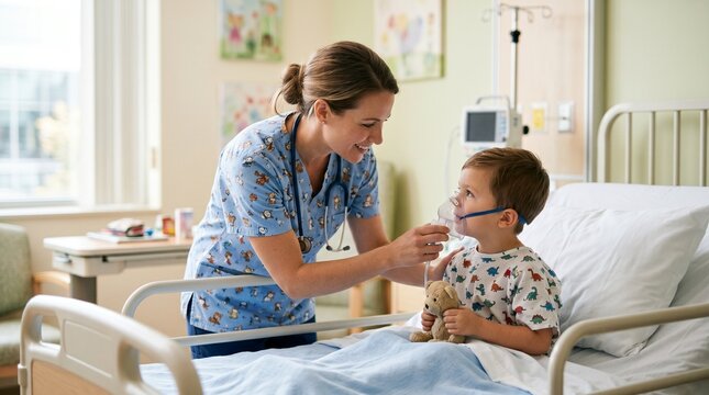 Nurse Adjusting Nebulizer Mask on 5-Year-Old Girl in Pediatric Ward