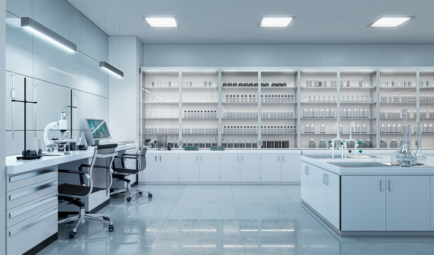 Modern laboratory workspace with microscope and chemical glassware and blurred background. 3d illustration