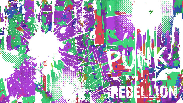 Abstract punk rock background with splatters, half-tone dots, and text vector illustration.