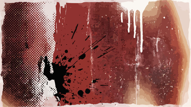 Intense red abstract grunge background with paint drips and ink marks vector illustration.