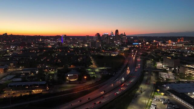Aerial drone view of downtown city skyline