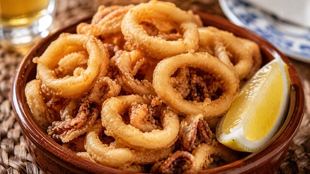 Close-up of crispy deep-fried calamari squid rings served with lemon on a rustic plate
