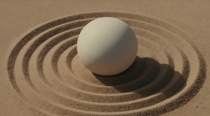 Naklejka premium Smooth sphere sits on raked sand circles, creating a tranquil zen garden effect. Neutral tones evoke calm and balance. Perfect for mindfulness themes and wellness concepts.