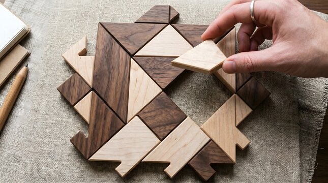 Solving a wooden tangram puzzle on a fabric background, top view; a geometric puzzle and a logical concept. AI generated.