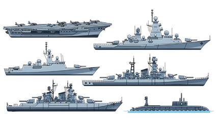 Naval fleet comprising various warships sailing together in formation on calm waters © Stock Image Paradise