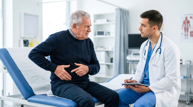 A senior man sits on an exam table and talks to a doctor about his stomach pain. The doctor listens closely and takes notes during the appointment