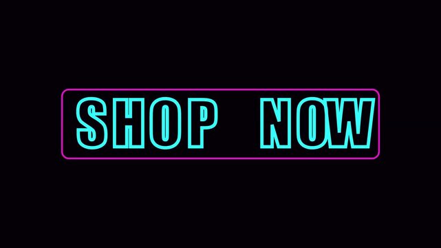 Neon shop now button animation, glowing digital call to action overlay for e-commerce marketing and sales promotion