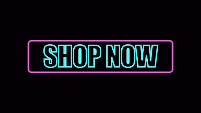 Neon shop now button animation, glowing pink and cyan call to action sign for e-commerce and digital marketing