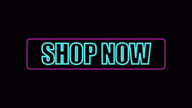 Neon shop now button sign animation, glowing cyan and pink e-commerce call to action for digital marketing and online sales