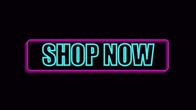 Neon shop now sign animation, glowing cyan and purple e-commerce call to action button for digital marketing and online retail promotions