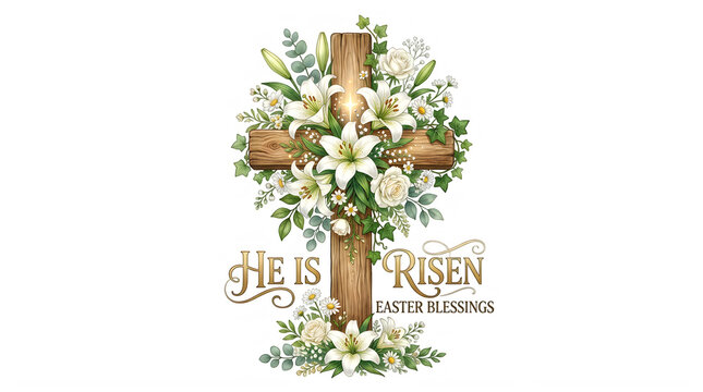 He is risen easter cross with beautiful white lilies isolated on transparent background