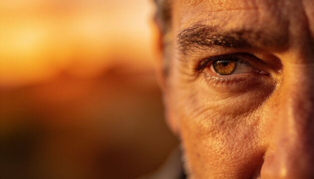 A Man's Gaze: Close-up portrait of an older man's eye and forehead, bathed in warm, golden sunlight, conveying wisdom and contemplation.