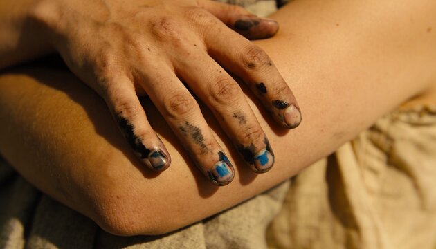 Dirty Hands after Artistic Creation: Close-up on a person's hands, stained with blue paint and dark smudges, resting on their arm, hinting at a recent artistic endeavor.