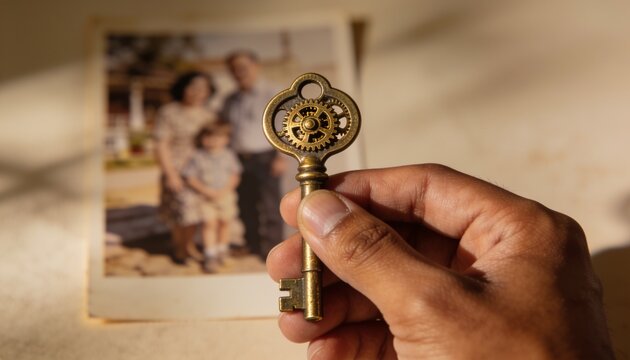 The Key to Memories: A hand holds an ornate, vintage key over a faded family photograph, symbolizing access to cherished moments and the passage of time.
