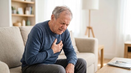 Fototapeta premium A senior man sits on a couch in his living room, holding his chest with a pained expression. The room has natural light and a cozy setting. It is daytime and he looks concerned