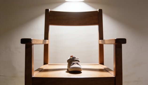 Empty Seat, Lone Shoe: A solitary child's shoe rests on a wooden chair under a spotlight, evoking a sense of absence and untold stories. A poignant scene that invites contemplation.