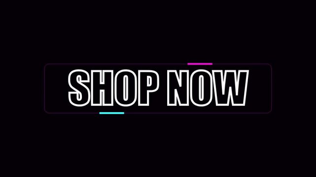 Shop now animated neon button overlay, modern e-commerce call to action for digital marketing and online sales promotions