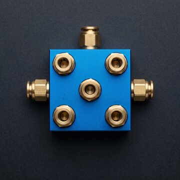 Blue Anodized Pneumatic Manifold Block with Brass Fittings