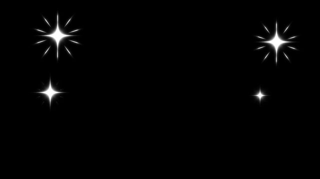 Twinkle star animation, white sparkling cartoon doodle stars, glowing shine effects, magical glitter burst, blinking festive lights, black background overlay, seamless 4k