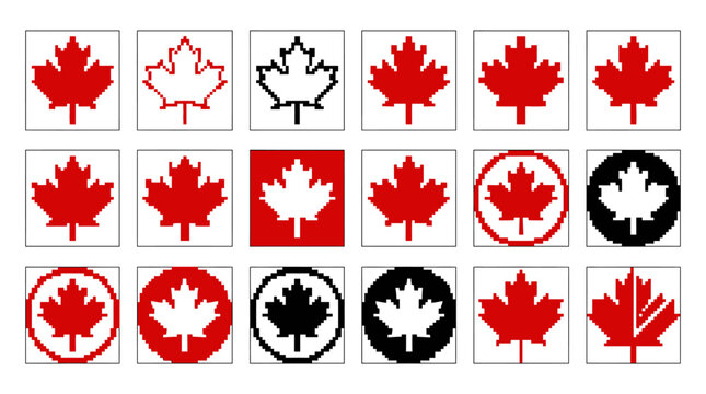 Pixel Art Maple Leaf Icon Set, Canadian Maple Leaf Symbol Vector Illustrations, Retro Bitmap Style Red, Black, and White Canada National Flag Signs in Square and Circular Badges