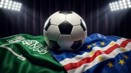 Fototapeta premium Soccer ball resting on saudi arabia and cape verde flags in stadium