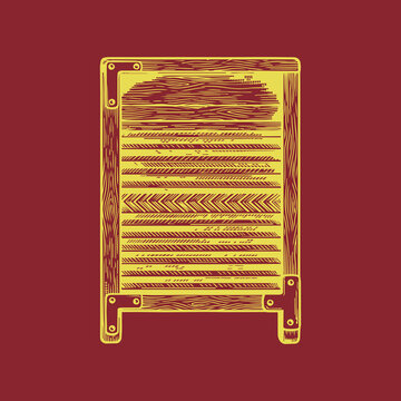 vintage americana metal washboard woodcut, retro laundry cleaning tool linocut, rustic antique domestic housework utility engraving