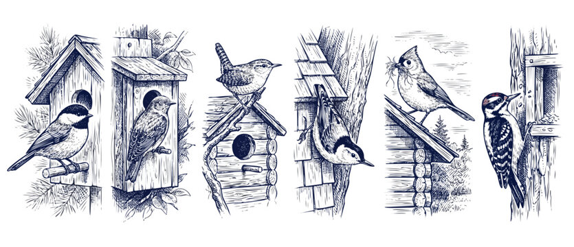Wild birds birdhouses hand drawn sketch set featuring chickadee woodpecker nuthatch titmouse and wren nesting on rustic wooden bird houses in garden, detailed black and white line art vector graphics.