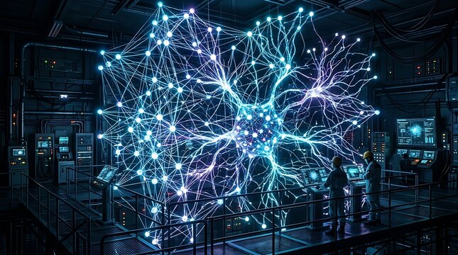 Artificial intelligence network core futuristic data center with neural network visualization