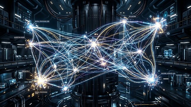 Artificial intelligence network futuristic data routing neural processing core and machine learning visualization