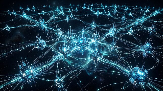 Futuristic cyber city network high tech metropolis with data stream connections and glowing architecture