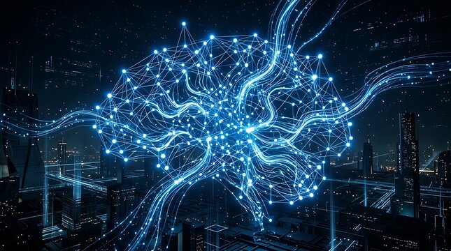 Artificial intelligence network brain inspired technology over cityscape futuristic data connection concept