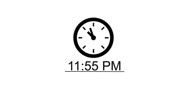 Clock face showing 11:55 PM, time is almost midnight, graphic art.